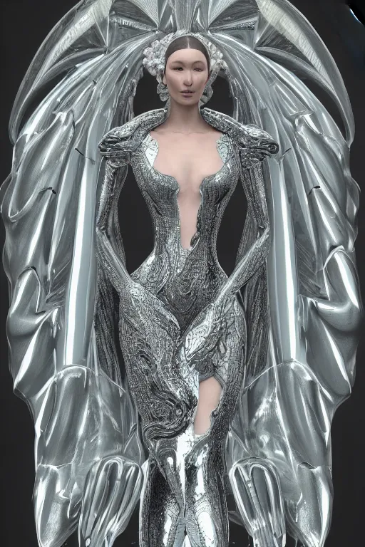 Image similar to a highly detailed 4 k render of a beautiful alien goddess bella hadid angel in iris van herpen dress schiaparelli in diamonds in style of alphonse mucha trending on artstation made in unreal engine 4