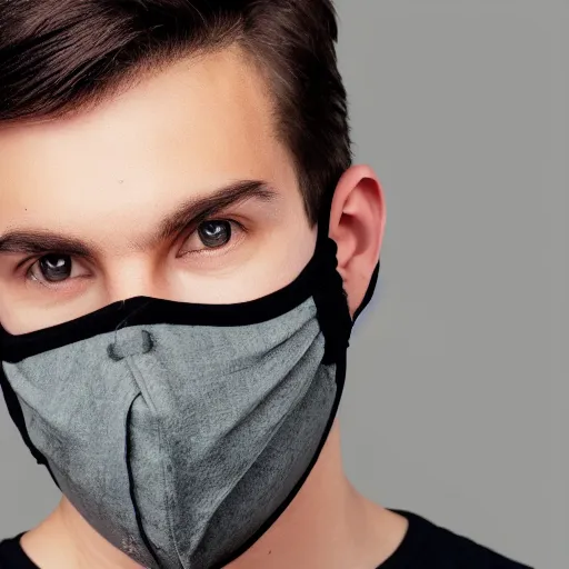 Prompt: professional photograph of a cool guy with a stylish face mask, earrings, and dark clothes, high quality, HD, 8K, highly detailed