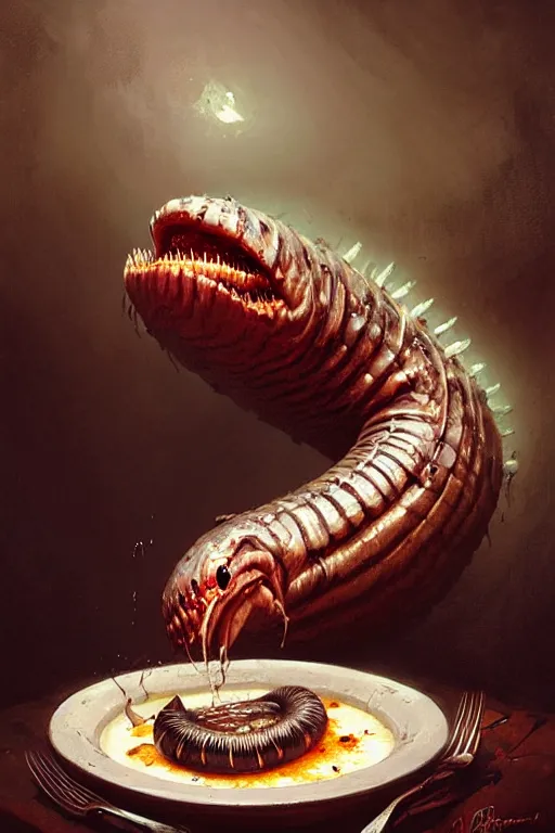 Image similar to greg rutkowski. giant wet drooling toothed worm over a bowl of food