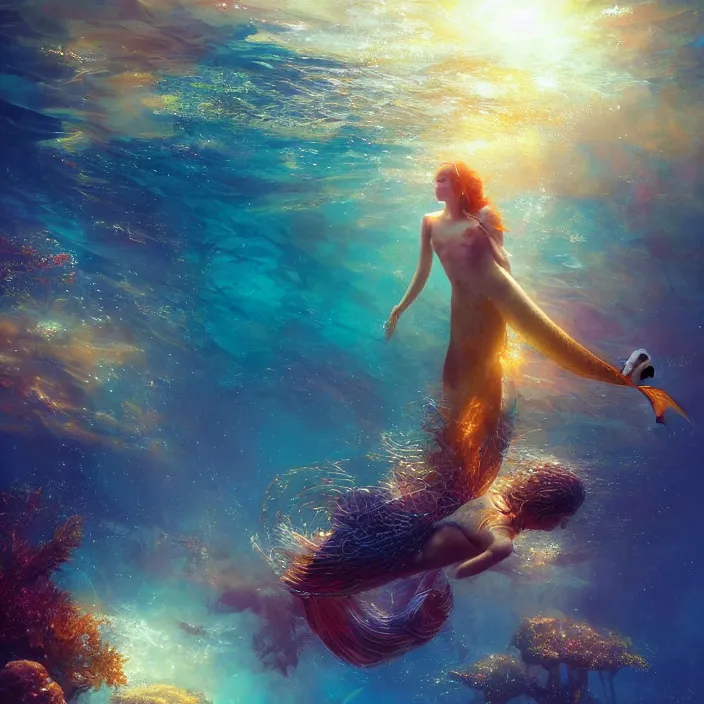 Image similar to glimmering mermaid swimming underwater, dolphins, golden hour, god rays, coral reef, dreamscape by artgerm and ruan jia and ismail inceoglu and greg olsen, cosmos, milky way galaxy, masterpiece, beautiful, intricate, elegant, highly detailed