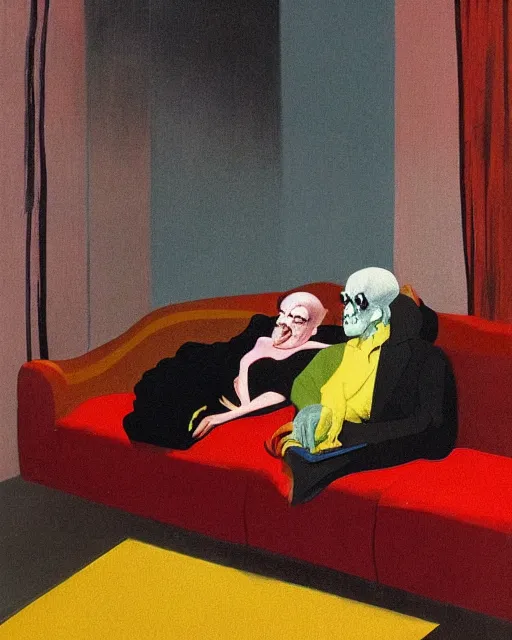 Image similar to old dead couple sitting on a couch and a dark figure crying in the corner with clouds at red and yellow art deco interior room in the style of Francis Bacon and Syd Mead, open ceiling, highly detailed, painted by Francis Bacon and Edward Hopper, painted by James Gilleard, surrealism, airbrush, very coherent, triadic color scheme, art by Takato Yamamoto and James Jean