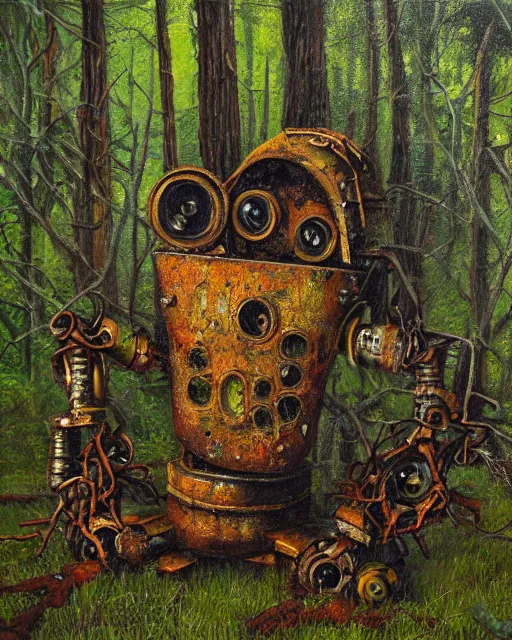 Image similar to detailed oil painting of a decayed, rusty, robot, covered in moss, in a forest, painted by Greg Rukowtski, sunlight