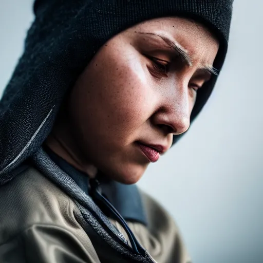 Image similar to photographic portrait of a poor techwear woman holding back tears, closeup, sigma 85mm f/1.4, 4k, depth of field, high resolution, 4k, 8k, hd, full color