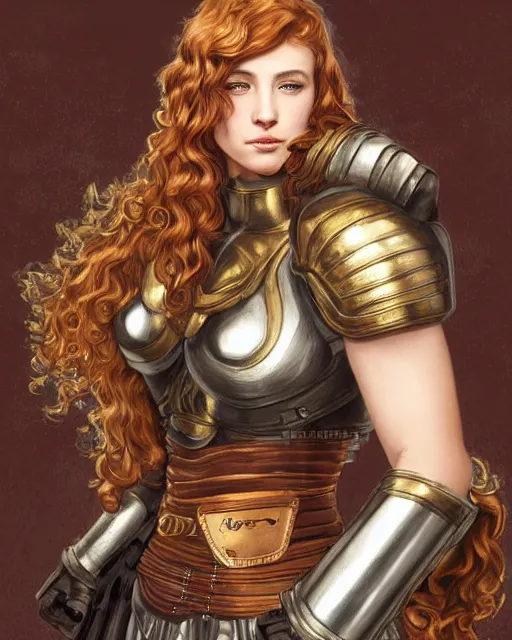 Prompt: Hyper realistic portrait of a strong female fighter with beautiful curly shiny copper hair and broad shoulders, she is from Troy and wears a golden armor, high contrast, artwork in the style of Alphones Mucha and Takumi Nagayasu, trending on artstation