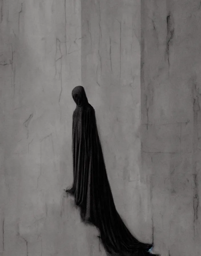 Prompt: a figure shrouded in a long trailing pitch black gown, descending a giant marble staircase in a dark room, photorealism, hyperrealism, harsh lighting, hyperrealism, dramatic lighting, medium shot, serious, gloomy, foreboding