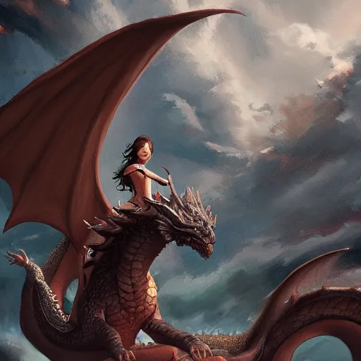 Image similar to a girl riding a dragon, trending on artstation