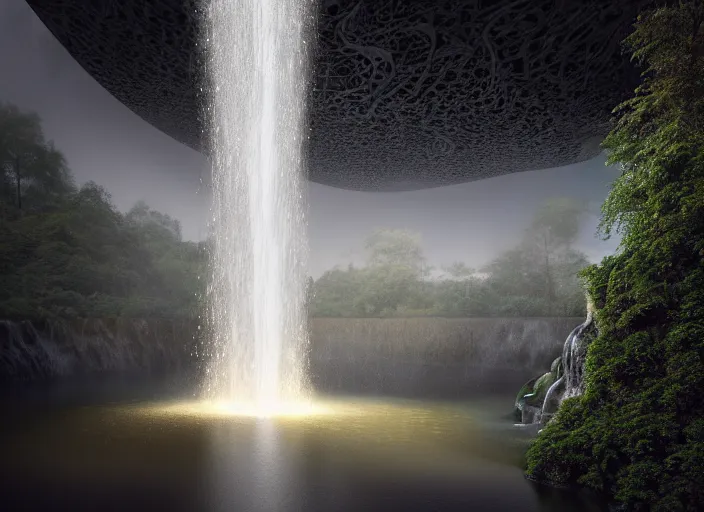 Prompt: huge towering magical waterfall, white pearlescent, chrome, iridescent metals, liquid gold, biomechanical garment, cinematic, crystalline masterpiece diamond incrustations, hyperdetailed metalwork, in volumetric soft glowing mist by erik johansson full frame mirrorless sensor, movie still, octane render, pixar, crepuscular rays,