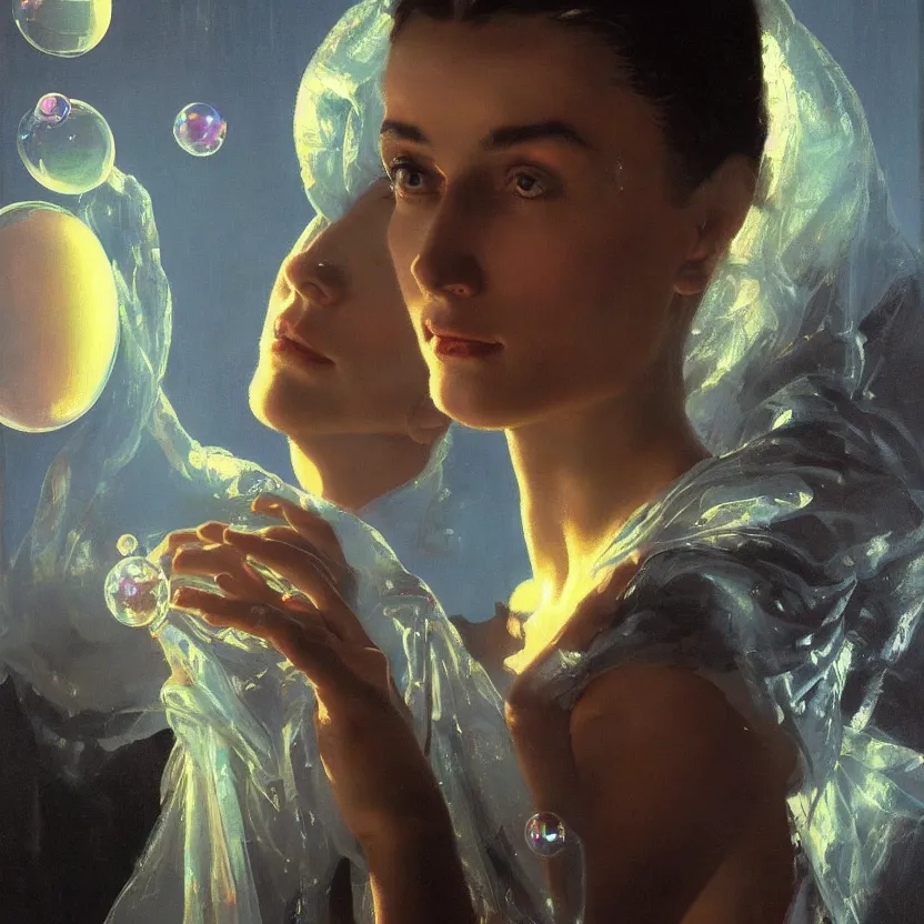 Prompt: a neoclassicist close - up portrait of a young woman cloaked in silk with glowing bubbles and iridescent and reflective alien technology. foggy black background with dark puffy glowing clouds. highly detailed science fiction painting by norman rockwell, frank frazetta, syd mead and moebius. rich colors, high contrast, gloomy atmosphere, dark background. trending on artstation.