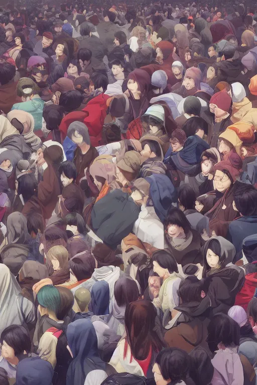 Prompt: anime guy in hoodie hiding behind a crowd of people in tokyo, wlop, concept art, digital painting, trending on artstation, highly detailed, epic composition, 8 k uhd