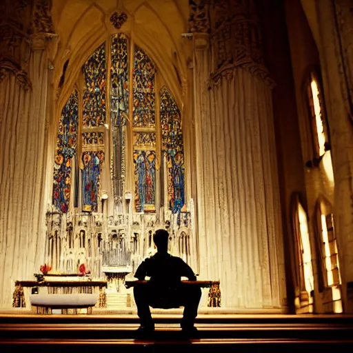 Image similar to man in large throne room of grand cathedral, sitting alone with sword, shadows, fantasy, wallpaper