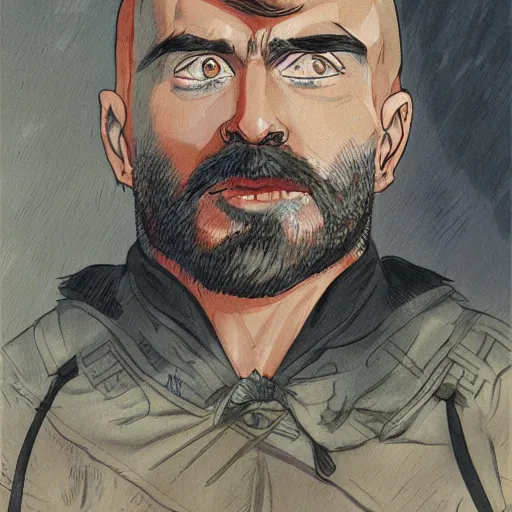 Image similar to portrait of a young bearded man, in the style of Enki Bilal and Joe Jusko and Alex Ross