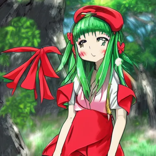 Image similar to a professional anime drawing of reimu in the jungle wearing bonnet