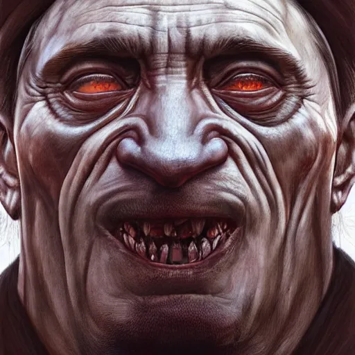 Image similar to vladimir putin, orc uruk - hai, macabre by donato giancola and greg rutkowski and wayne barlow and zdzisław beksinski, realistic face, digital art