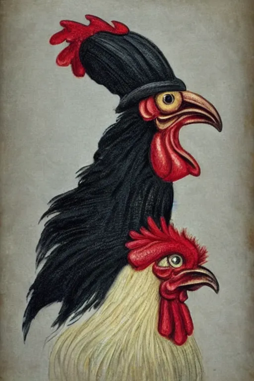 Prompt: portrait of a rooster, with top hat!!! and monocle!!!, extremely beautiful, open skies