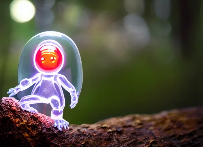 Prompt: photo of a translucent clear chibi style baby dinosaur with symmetrical head and eyes, made out of clear plastic, but has red hypercolor glowing electric energy inside its body, and electricity flowing around the body. in the forest. fantasy magic style. highly detailed 8 k. intricate. nikon d 8 5 0 3 0 0 mm. award winning photography. design by pixar