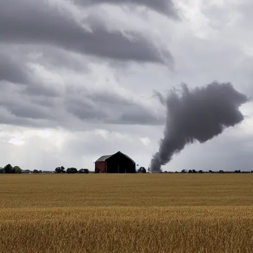 Image similar to a gray tornado in a flat field destroying a barn.