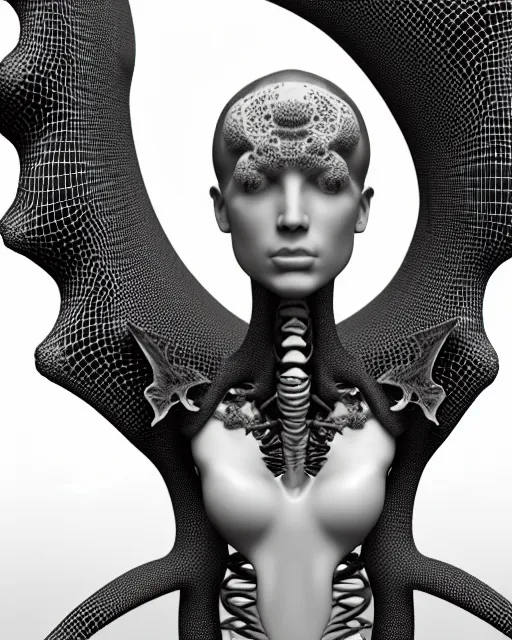 Image similar to a black and white 3D render of a young beautiful female angelic-dragon-cyborg bust with a very long neck, 150 mm lens, Mandelbrot fractal, anatomical, flesh, facial muscles, veins, arteries, full frame, microscopic, elegant, highly detailed, flesh ornate, orchids, cable wires, elegant, high fashion, rim light, octane render, in the style of H.R. Giger and Man Ray, Realistic, Refined, Digital Art, Highly Detailed, Cinematic Lighting, rim light, black and white, photo-realistic, 8K