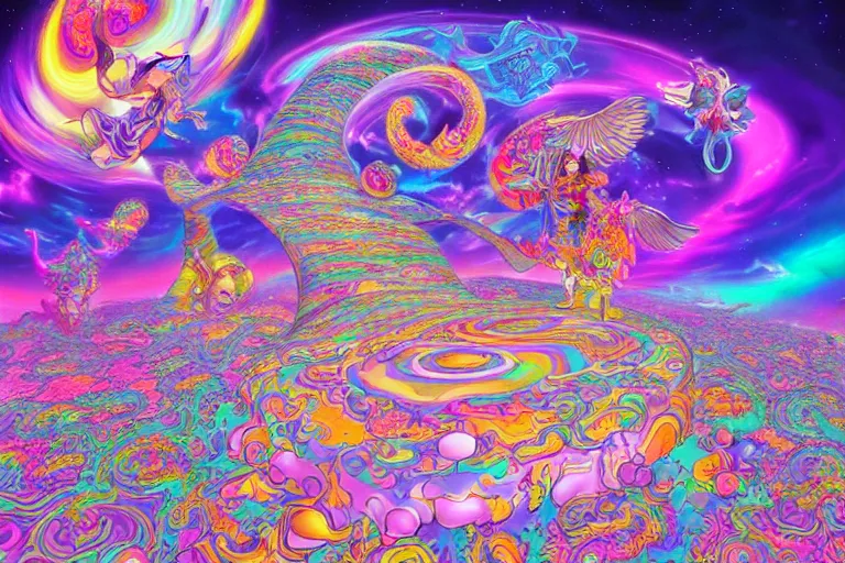 Prompt: a psychedelic realm at the edge of existence where intensely creative astral beings exist, in the style of WLOP, lisa frank, and masashi kishimoto, illustration, epic, fantasy, hyper detailed, smooth, unreal engine, sharp focus, ray tracing