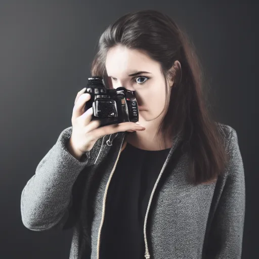 Image similar to a woman in black jacket and jeans holding a camera, a photo by Camille Souter, shutterstock, art photography, studio photography, stylish, black background