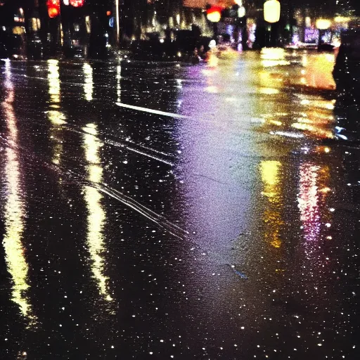 Prompt: zoomed in iphone photo rainy night in the city, reflections, astronaut