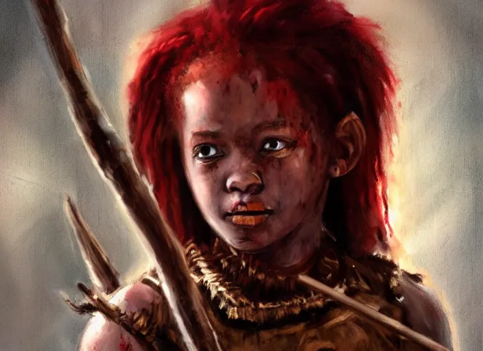 Image similar to landscape, portrait painting beautiful realism, an african girl red hair in wood armor, holding spear, who was sprawled out was about to rise, his face covered in blood. cinematic scene, good lighting, fine art, trending on artstation, smooth draw, sharp focus.