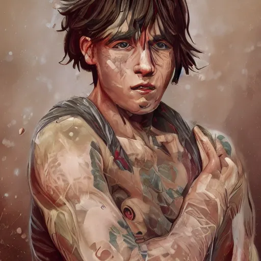 Image similar to portrait of a teen boy with long red hair and a lot of freckles and muscular, intricate, highly detailed, digital painting, artstation, sharp focus, illustration