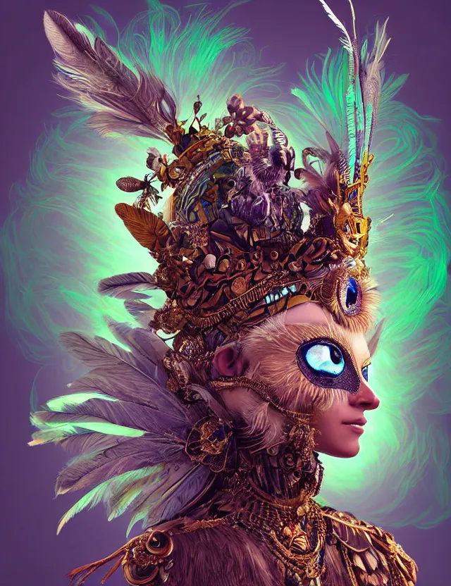 Image similar to 3 d goddess wide angle portrait with feathers, fur, and bones. beautiful intricately detailed kookaburra mask and retrowave sorceress outfit. lizard scales, reflective chitin, optical mineralogy, songlines, plasma, creature, artwork by tooth wu and android jones wlop and android jones and beeple and greg rutkowski