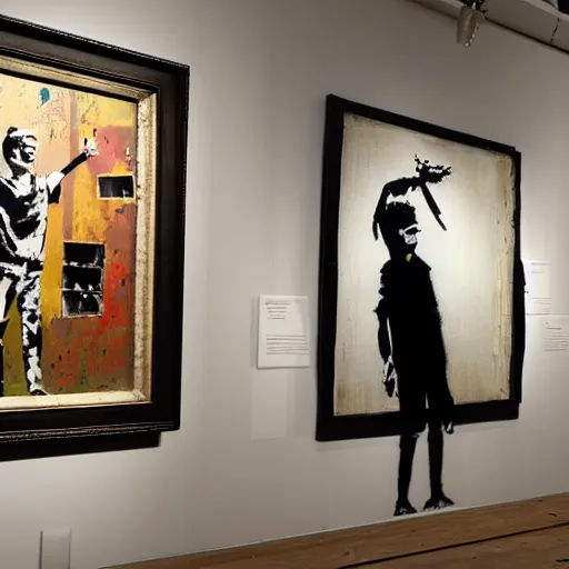 Prompt: banksy and andy wharrol collab painting art piece museum expo