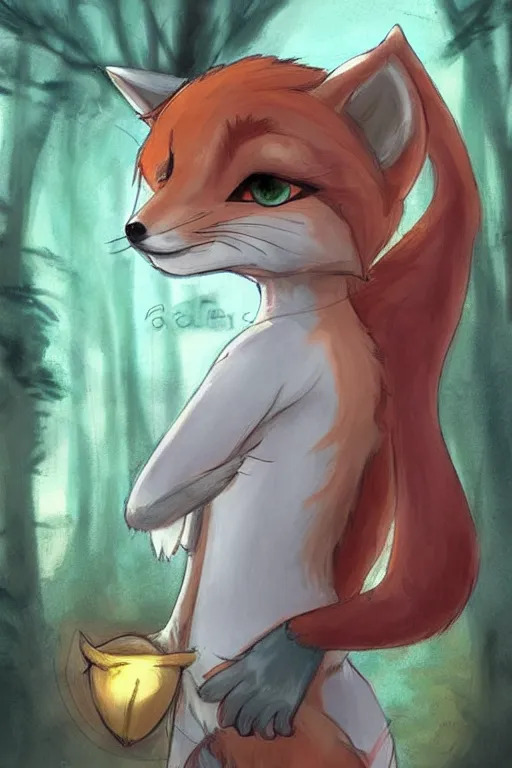 Image similar to a pretty medieval anthropomorphic fox with a fluffy tail in the forest, comic art, trending on furaffinity, cartoon, kawaii, backlighting, furry art!!!, warm shading, concept art, radiant light
