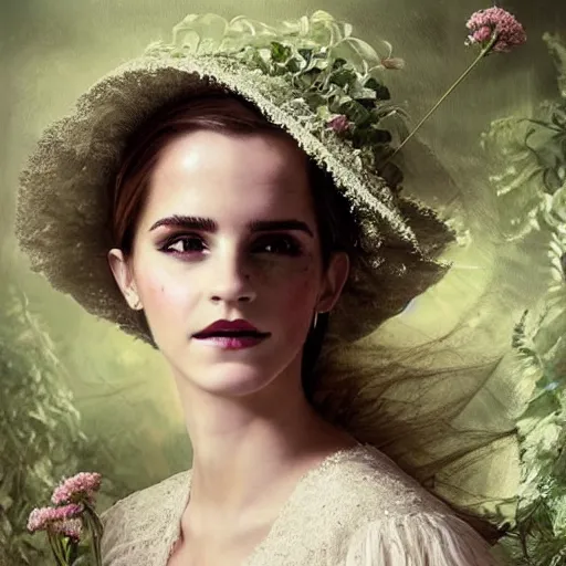 Prompt: full body fashion model emma watson smokey eyes makeup eye shadow textured film grain oil on canvas fantasy, glow, shimmer as victorian woman in a long white frilly lace dress and a large white hat having tea in a sunroom filled with flowers, roses and lush fern flowers ,intricate, night, highly detailed, dramatic lighting , high quality