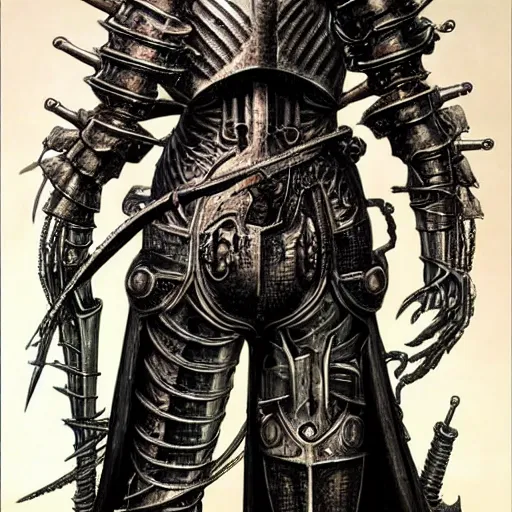 Image similar to a medieval styled cyborg armor, by hr giger, kentaro miura, wayne barlowe, bloodborne, dark souls, breathtaking, sense of awe, extremely detailed, intricate wiring,