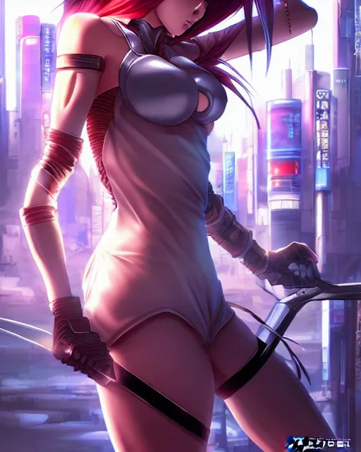 Image similar to The successful warrior is the average man, with laser-like focus, artwork by artgerm, anime style art, art by Masamune Shirow, cyberpunk streets in Japan, elegant, seductive, ssci-fi, high fantasy, CGsociety, full length, exquisite detail, post-processing, low angle, masterpiece, mystical, magical