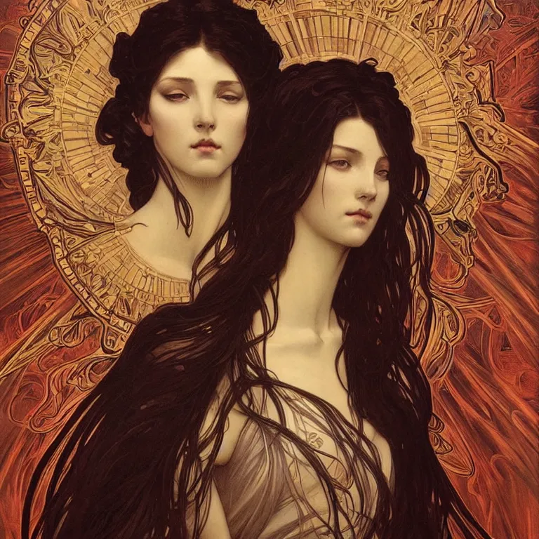 Image similar to a beautiful portrait of a beautiful! angel in black flames!! by ross tran!!! and alphonse mucha and greg rutkowski! and gustav dore! and zdzisław beksinski!, in style of digital art illustration. symmetry. highly detailed face. fantasy, smooth, hyper detailed, sharp focus, soft light. trending on artstation. 4 k