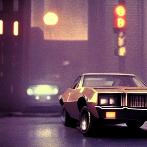 Image similar to muscle car in crowded cityscape, blade runner (1982), shallow depth of field medium shot, award winning, gritty, god rays