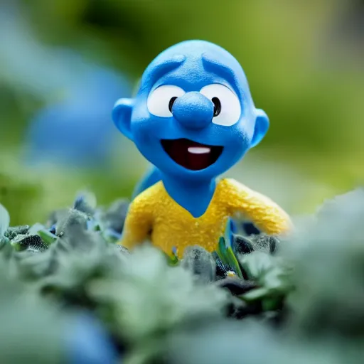 Image similar to close - up photo of a real life smurf, f 1. 4, garden, golden ratio, rim light, top light, overcast day