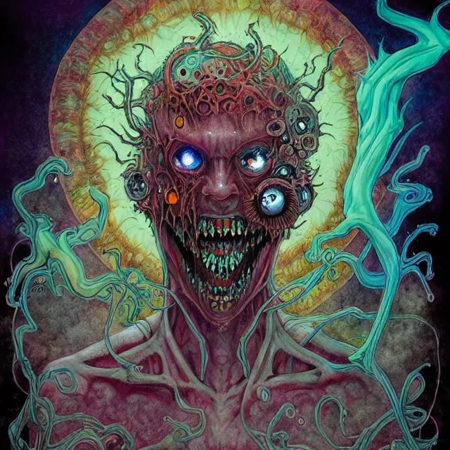 Prompt: symmetrical, complex, copic markers, spiritual horror lsd art in muted colors, disturbing grunge still of a lovecraftian demon infested guy flirting with you, by arthur adams, by tom bagshaw, by henry asencio, by kikuchi hideyuki