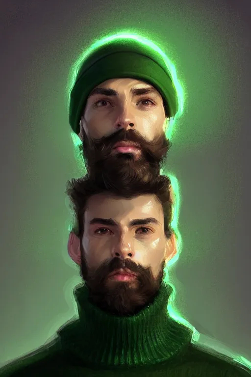 Prompt: a young man with a chin - style brown beard in black cap, light green turtleneck, purple pants and in a white sneakers, smooth face, decorated, high fantasy, sharp focus, intricate, elegant, digital painting, artstation, matte, highly detailed, concept art, illustration, ambient lighting, art by bastien deharme
