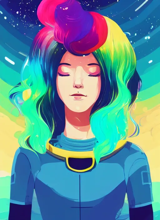 Image similar to a beautiful woman with rainbow hair floating in space. she is an astronaut, wearing a space suit. clean cel shaded vector art. shutterstock. behance hd by lois van baarle, artgerm, helen huang, by makoto shinkai and ilya kuvshinov, rossdraws, illustration, art by ilya kuvshinov