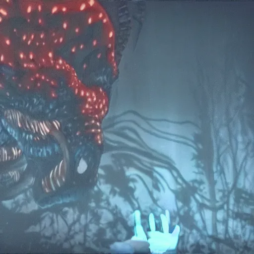 Image similar to footage of a wildcamera showing a demogorgon by night