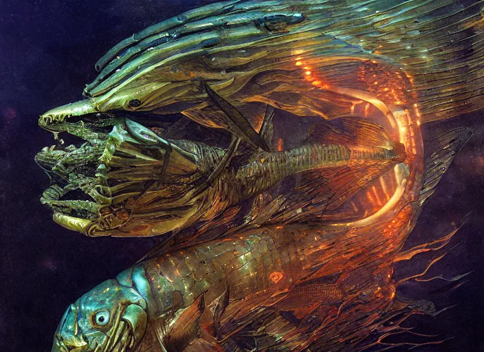 Prompt: pike fish with glowing head, neural cybernetic interface, glowing veins subsurface scattering, deep sea underwater photography, by gerald brom, by mikhail vrubel, by peter elson, muted colors, extreme detail, trending on artstation, 8 k