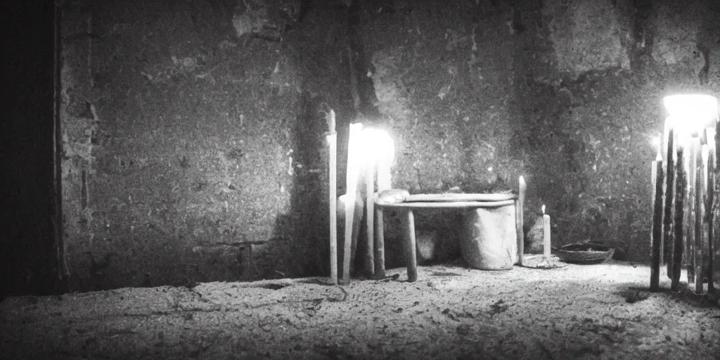 Image similar to nighttime, a very dark room at night lit only by candlelight, black and white, grungy