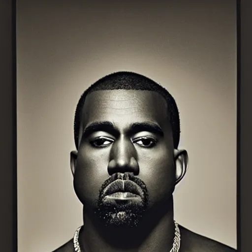 Image similar to a chiaroscuro lighting portrait of kanye west dressed as rick owens, black background, portrait by julia margaret cameron, shallow depth of field, 8 0 mm, f 1. 8