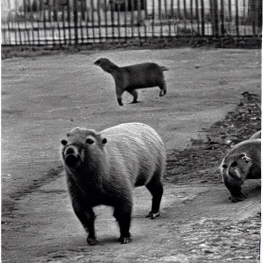 Prompt: Scared Karl Marx running away in panic from Capybara, photo, 1960