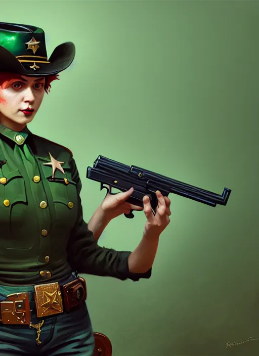 Prompt: female sheriff with a gun, beautiful girl, full body, green hair, cowboy hat, realistic, serov, surikov, vasnetsov, repin, kramskoi, insanely detailed, charlie bowater, tom bagshaw, high resolution, octane rendered, unreal engine, illustration, trending on artstation, masterpiece, 8 k