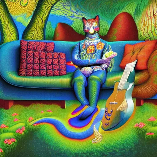 Image similar to psychedelic couch sofa in the lush forest, guitar, milky way, designed by moebius, rob gonsalves, gustav dore, giuseppe arcimboldo and carl barks, louis wain, trending on artstation, canada, star, sharp focus, colorful refracted sparkles and lines, soft light, 8 k 4 k