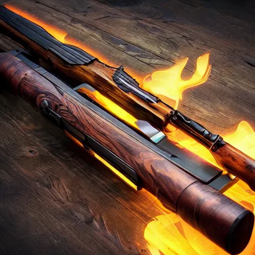 Image similar to a magic shotgun made out of wood, glowing in power, digital art, intricate details, professional