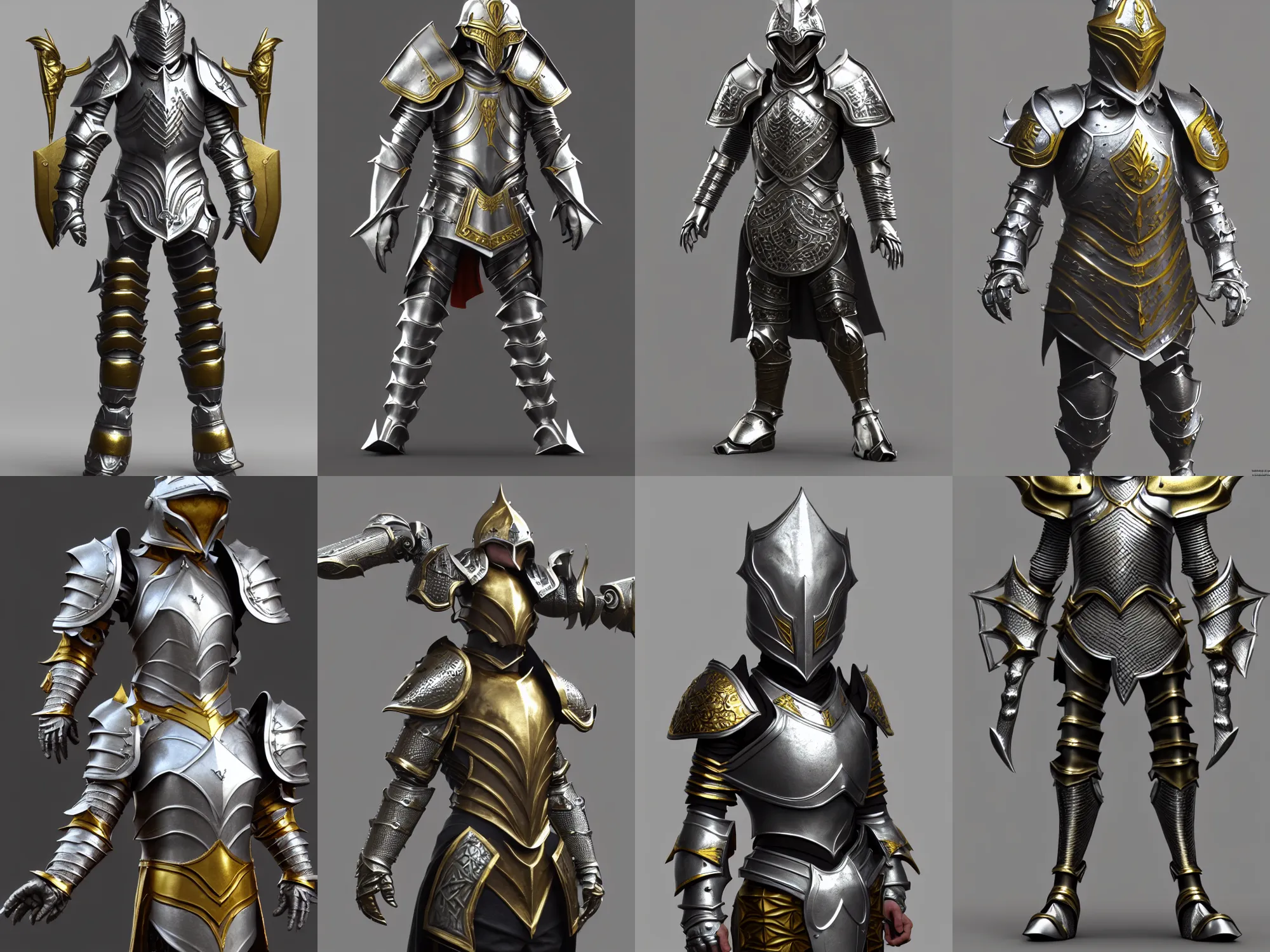 Prompt: render of incredible awesome fantasy armor, silver with gold trim, huge stylized pauldrons, medieval fantasy, extremely clean, exaggerated proportions, trending on Artstation, HD Octane render, 8k