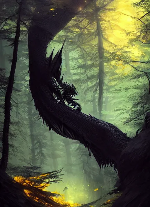 Prompt: black dragon with yellow eyes sleeping in the forest, dnd, photorealistic, ultra detailed, trending on artstation, concept art, octane render, unreal engine, by shinji aramaki, by christopher balaskas, by krenz cushart