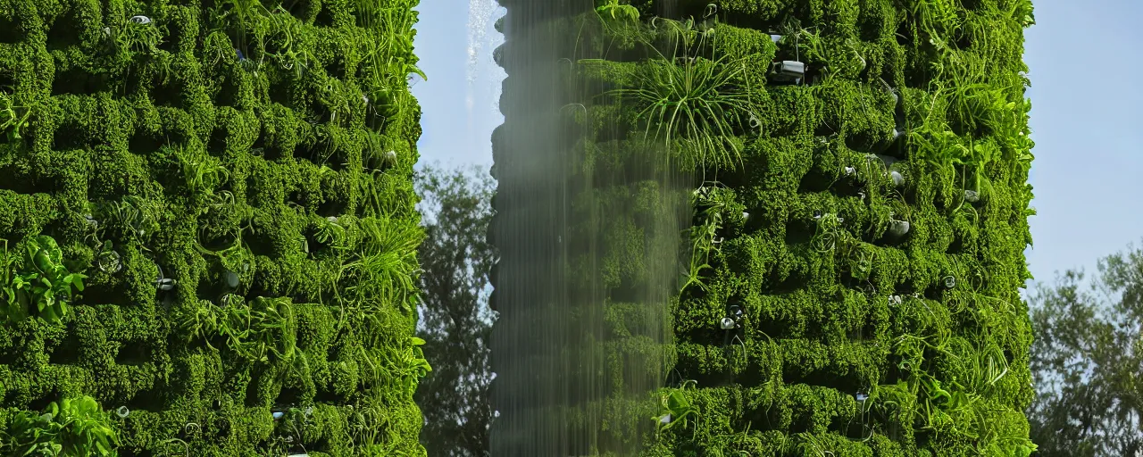 Image similar to torus shaped electrostatic water condensation collector tower, irrigation system in the background, vertical gardens, in the middle of the desert, XF IQ4, 150MP, 50mm, F1.4, ISO 200, 1/160s, natural light