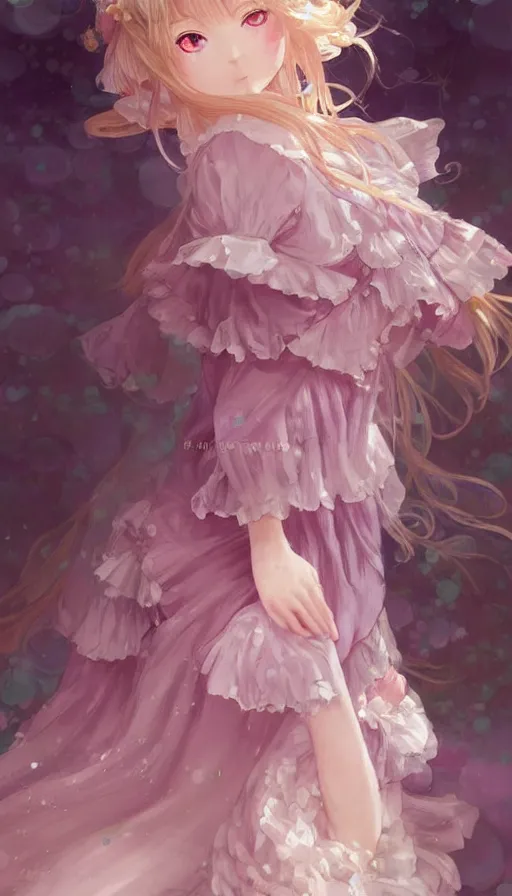 Prompt: portrait of kirisame marisa, touhou, dreamy and ethereal, expressive pose, big pink eyes, peaceful expression, ornate frilly dress, fantasy, intricate, elegant, many rainbow bubbles, rose tones, highly detailed, digital painting, artstation, concept art, smooth, sharp focus, illustration, art by artgerm and greg rutkowski and alphonse mucha